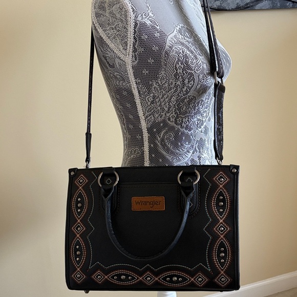 NWT Wrangler Black Satchel/Crossbody with Brown and Aqua Accents - Picture 3 of 8